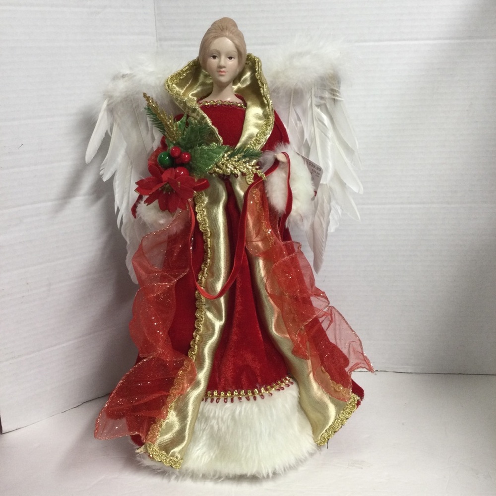 Ashland Holiday Angel Figurine in Red and Gold Dress White Feather Wings NWT